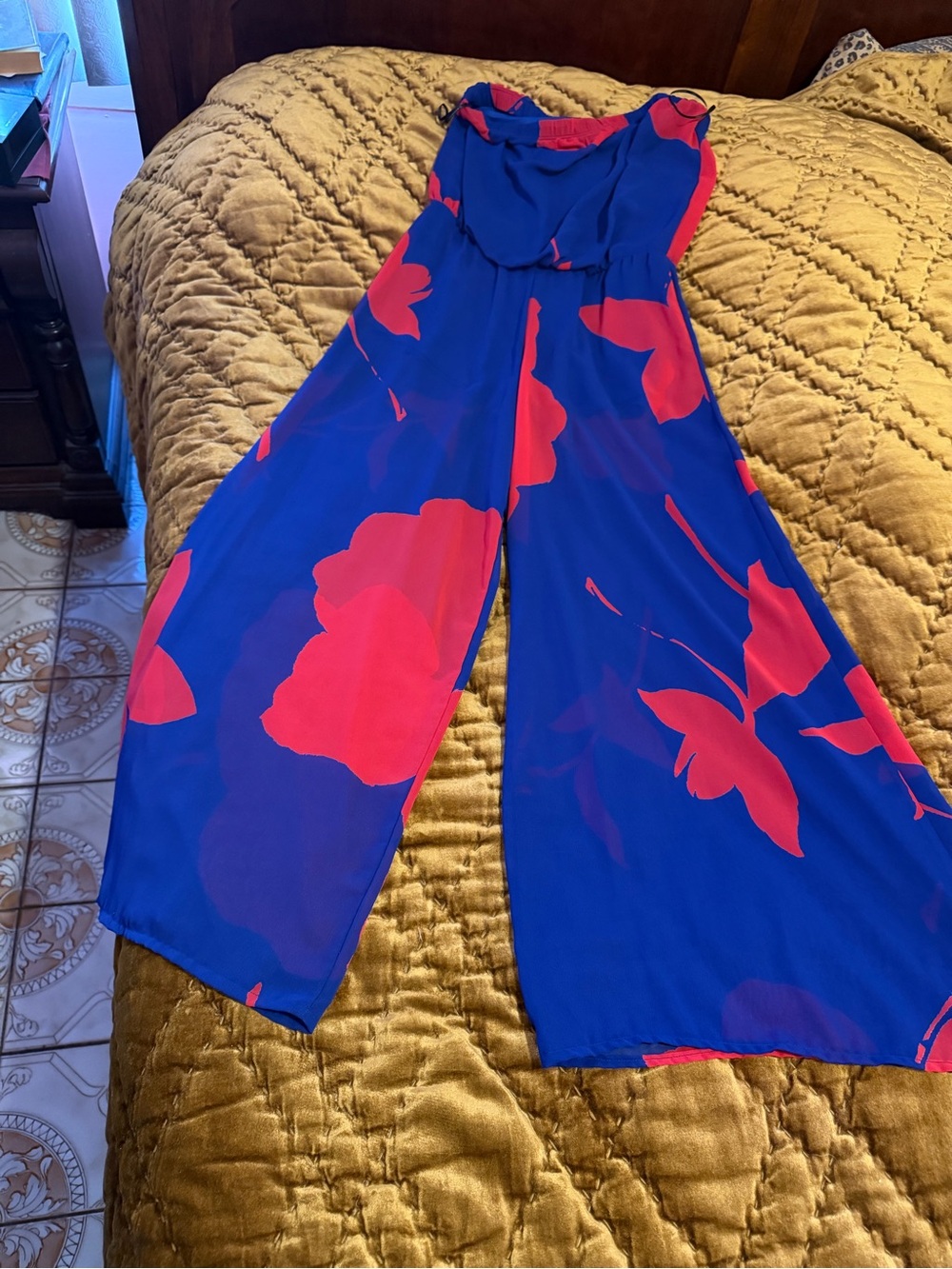 Symphony Bold Blue Jumpsuit with Red Floral Print